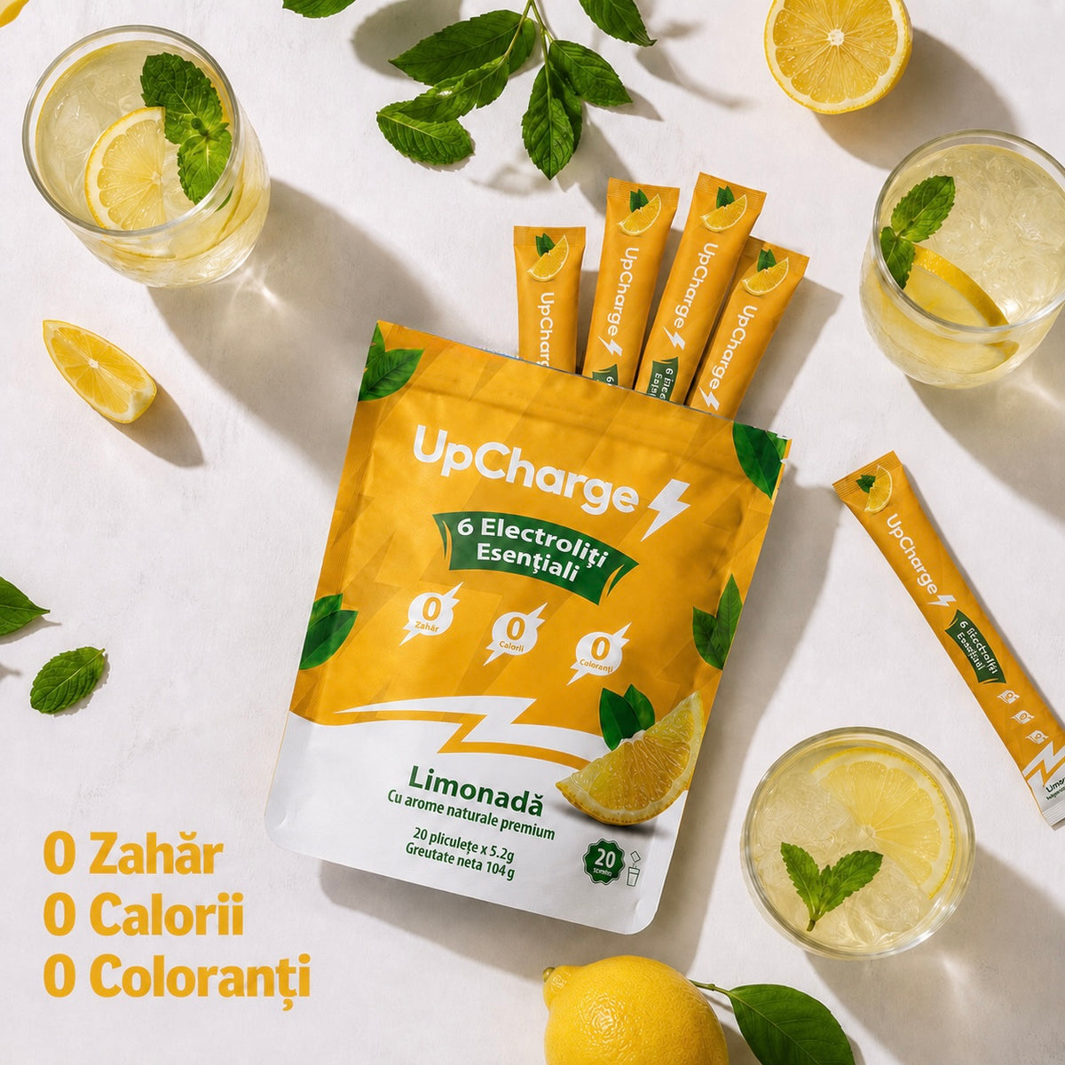 Plicuri cu electroliți fără zahăr de la UpCharge cu gust de limonadă